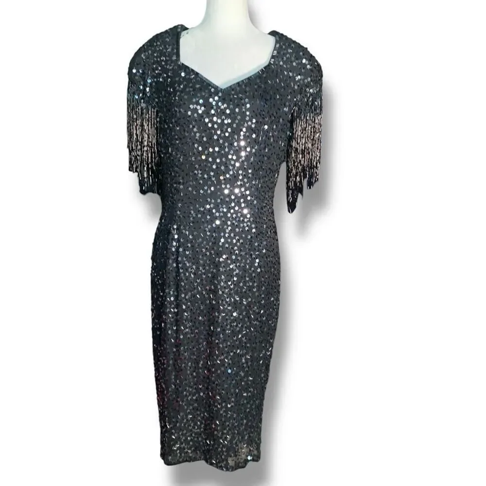 Vintage 80s Cocktail Dress Silk Black Metallic Sequin Fringe Hemmed Sleeve‎ 10